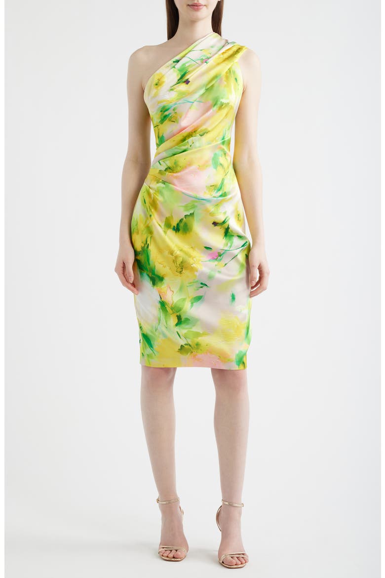 Abstract Floral One-Shoulder Satin Cocktail Sheath Dress, Main, color, YELLOW