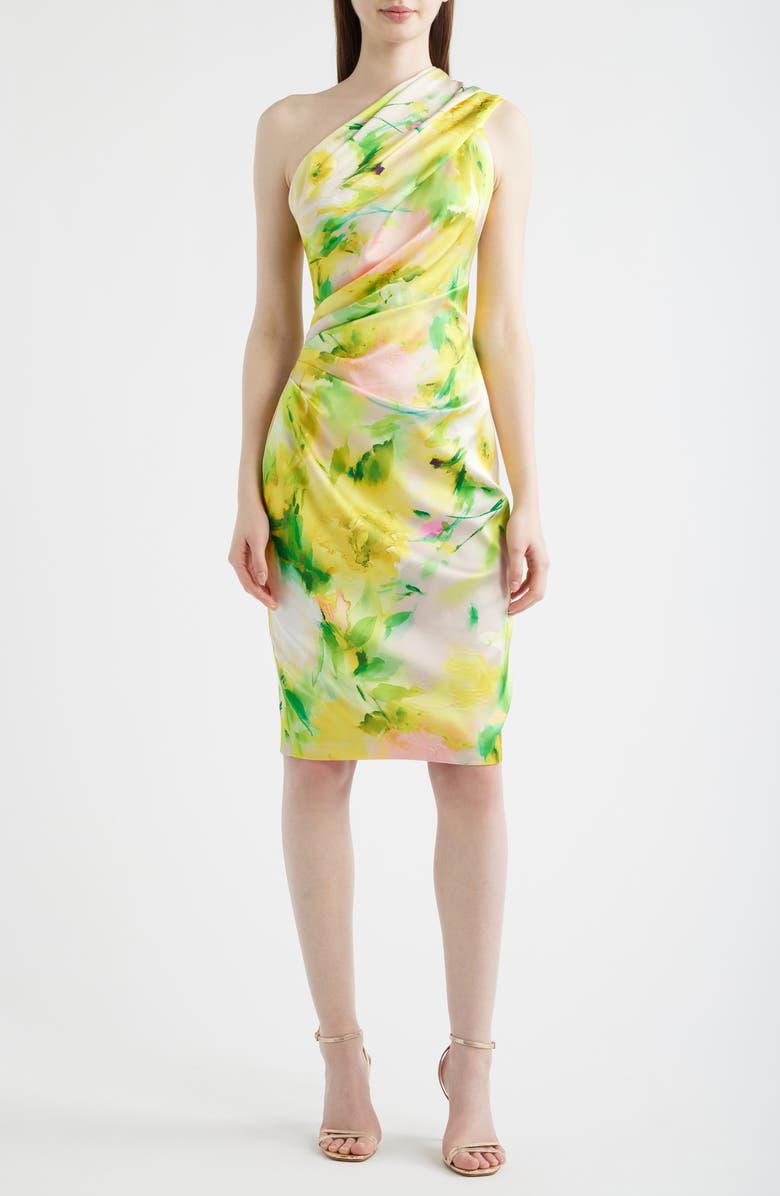 Eliza J Abstract Floral One-Shoulder Satin Cocktail Sheath Dress, Main, color, Yellow