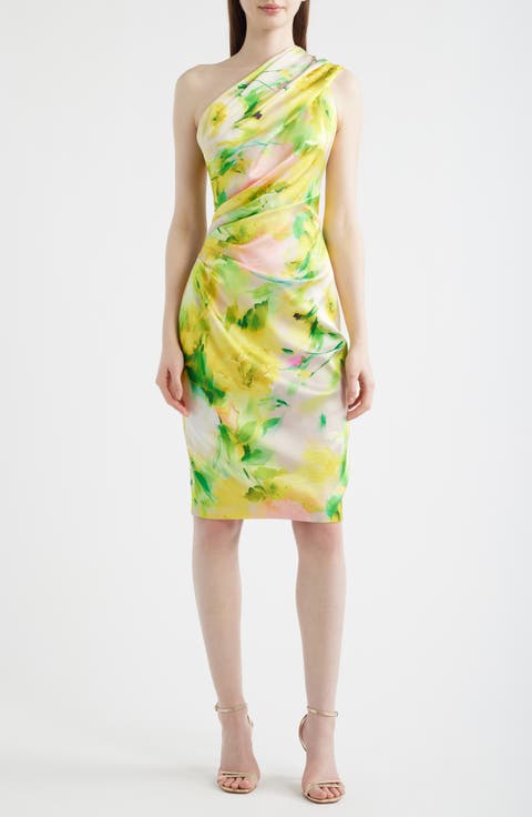 Abstract Floral One-Shoulder Satin Cocktail Sheath Dress