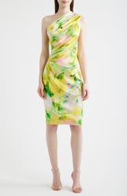 Eliza J Abstract Floral One-Shoulder Satin Cocktail Sheath Dress