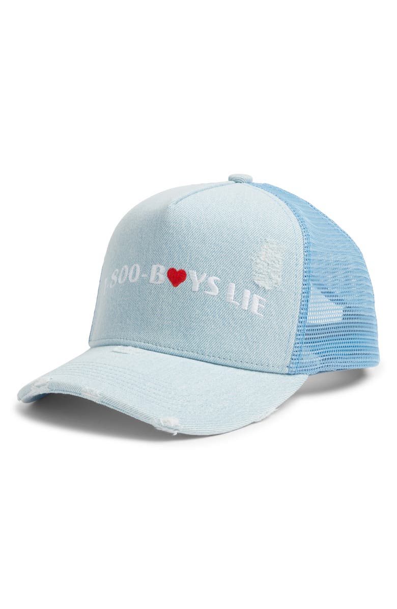 BOYS LIE 1-800 Heart Boys Distressed Trucker Hat, Main, color, 