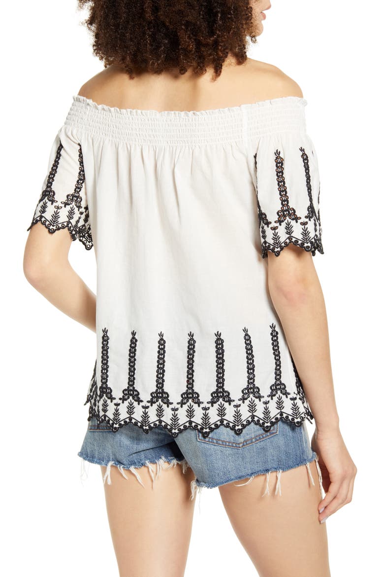Shery Contrast Embroidery Off the Shoulder Top, Alternate, color, CLOUD DANCER BLACK
