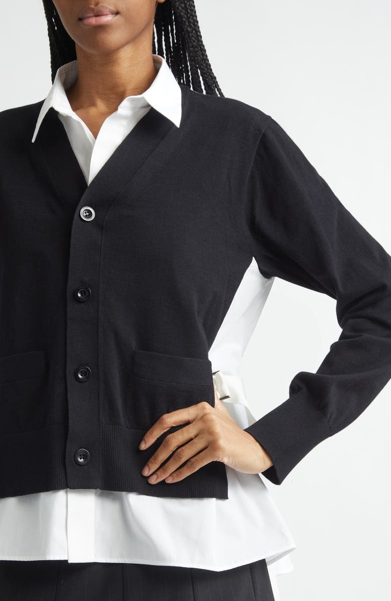 Sacai Mixed Media Poplin & Knit Cardigan, Alternate, color, Black/ Off White
