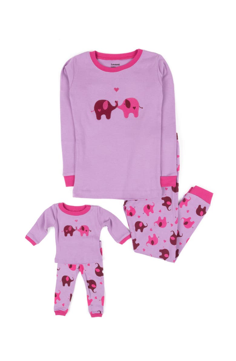 Leveret Girls 2-pc. Cotton Pajamas with Matching Doll Accessory - Animal Prints, Main, color, Elephant Pink