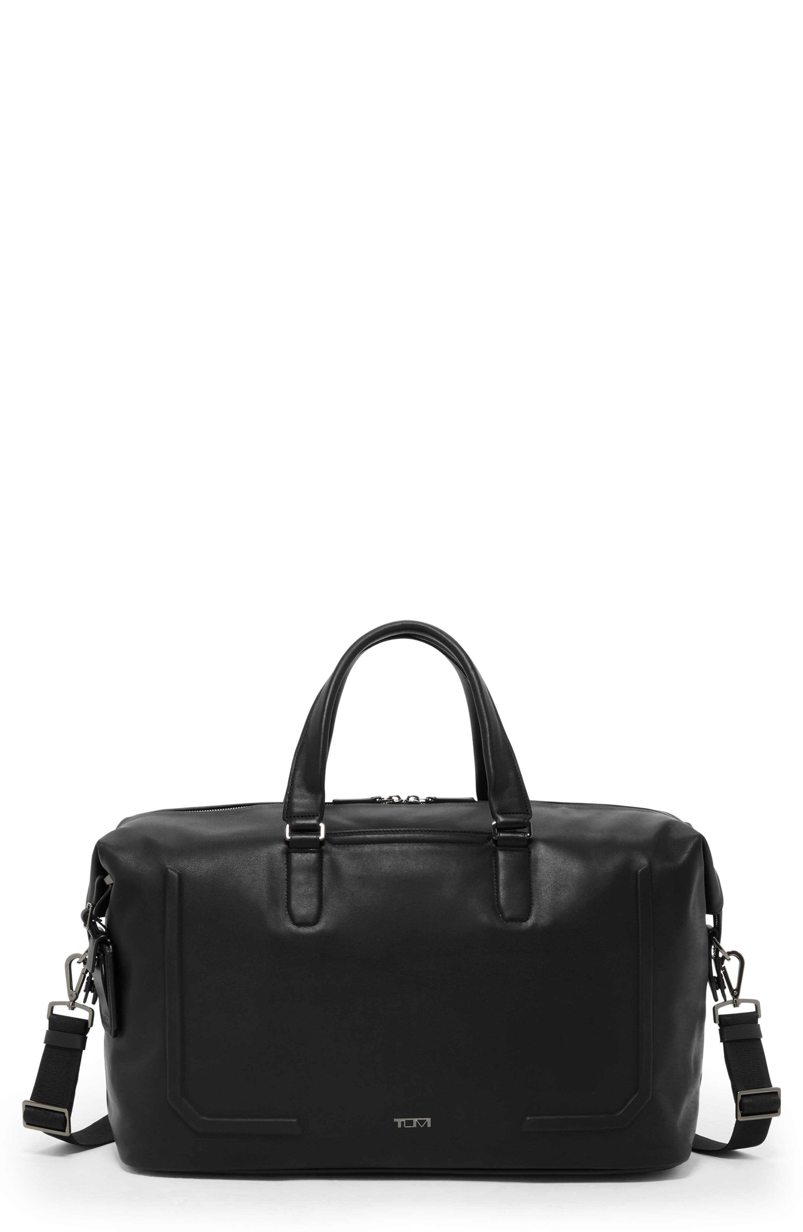 TUMI Nelson Leather Duffle Bag, Main, color, Black Bombe