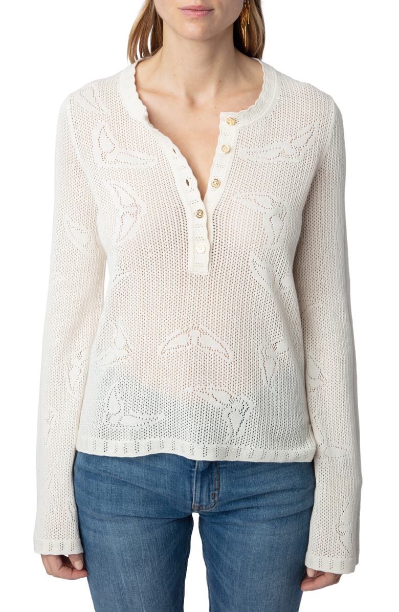 Zadig & Voltaire Salmyr Wings Cotton Pointelle Henley Sweater, Main, color, 