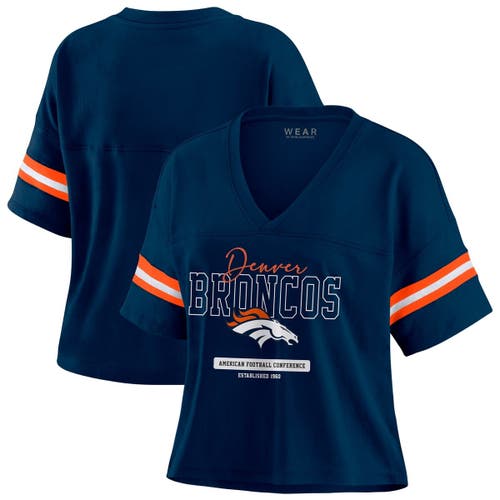 Wear By Erin Andrews Navy Denver Broncos Color Block Boxy Modest Crop V-neck T-shirt