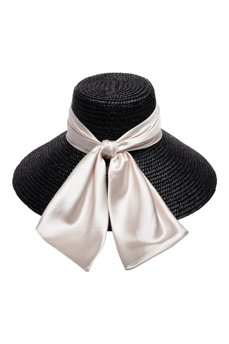 Mirabel Bow Straw Sun Hat, Main, color, BLACK