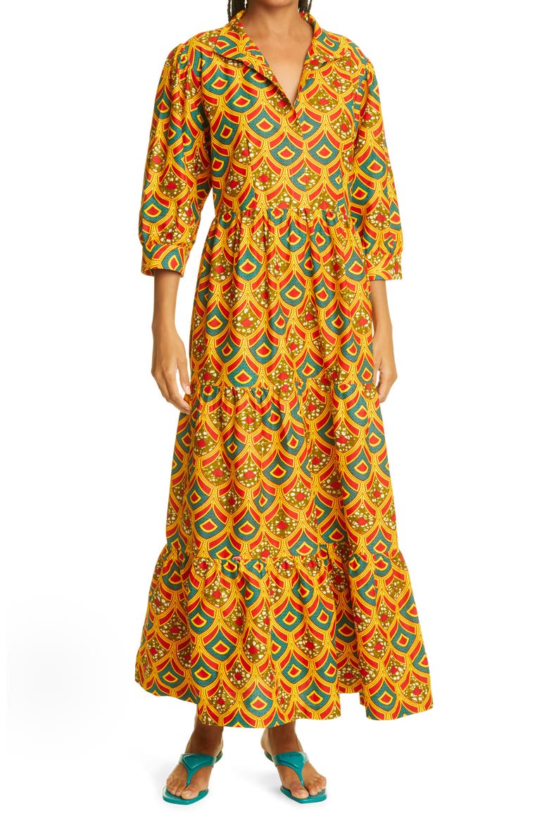 Crown Print Tiered Midi Dress (Nordstrom Exclusive), Alternate, color, GOLDEN RED TEAL