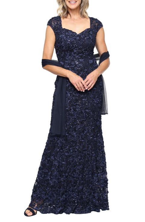Soutache Sequin Lace A-Line Gown with Wrap