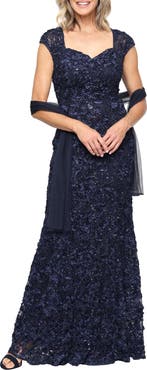 Alex Evenings Soutache Sequin Lace A-Line Gown with Wrap