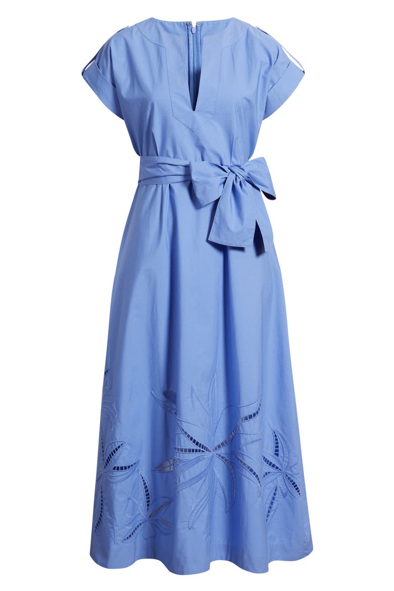 Ladder Stitch Embroidered Tie Belt Cotton Poplin Midi Dress, Alternate, color, PERIWINKLE