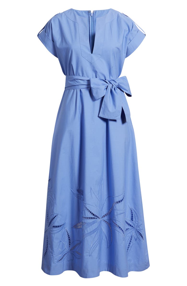 Vince Camuto Ladder Stitch Embroidered Tie Belt Cotton Poplin Midi Dress, Alternate, color, Periwinkle