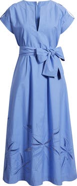 Vince Camuto Ladder Stitch Embroidered Tie Belt Cotton Poplin Midi Dress