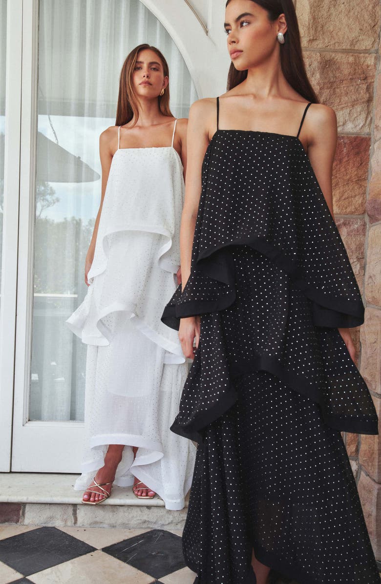 Elliatt Diamante Tiered High-Low Georgette Gown, Alternate, color, Black