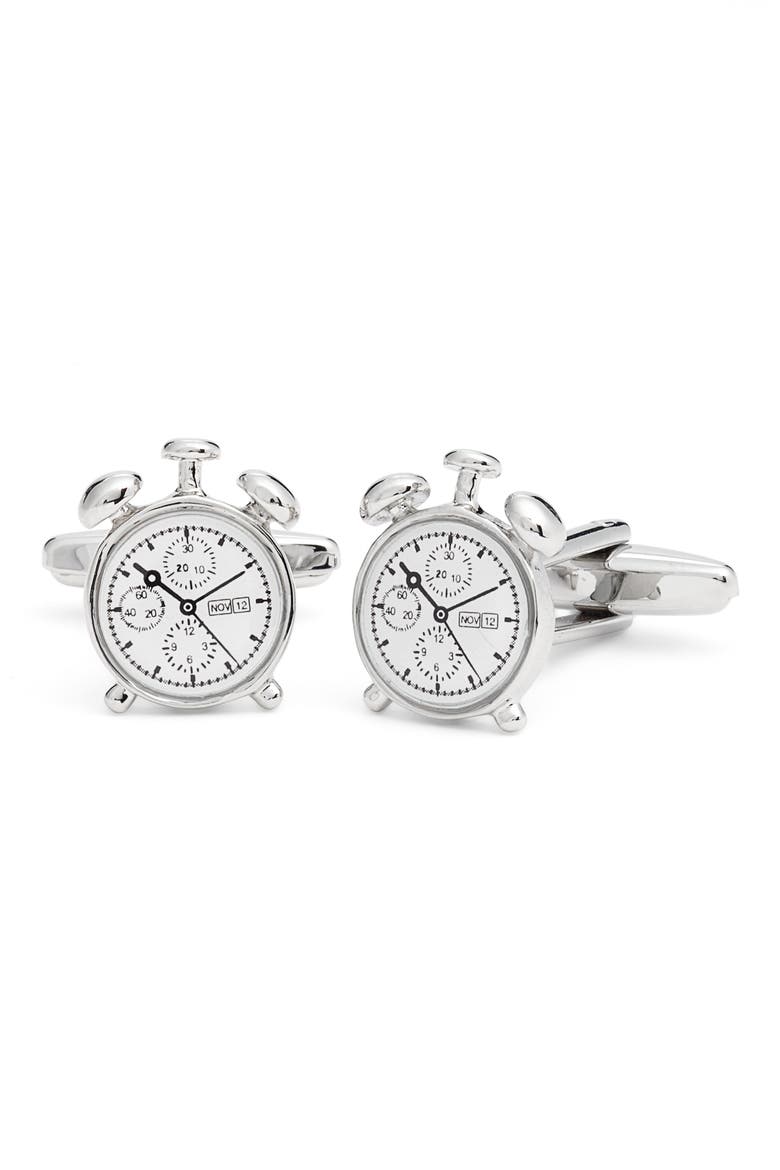 Silvertone Clock Cuff Links, Main, color, SILVER