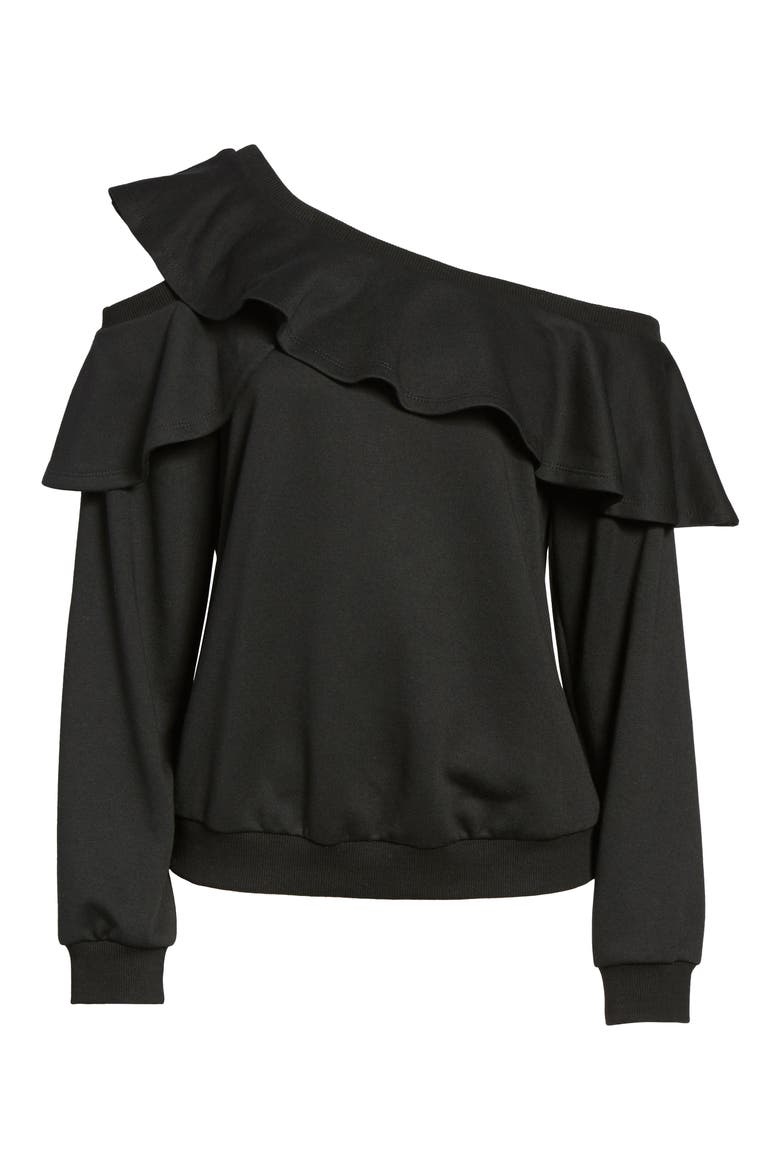 One-Shoulder Ruffle Sweatshirt, Alternate, color, BLACK