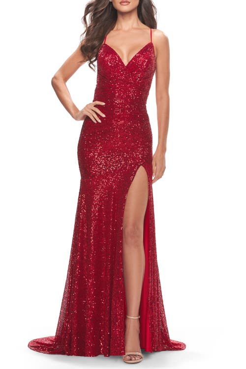 La Femme Long Sequin Gown With Dramatic Flare Skirt And Slit