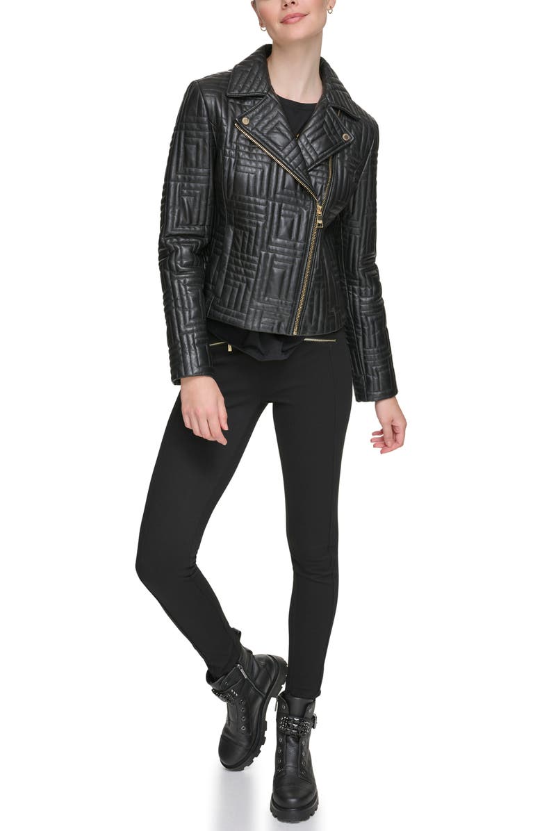 KARL LAGERFELD PARIS Double Quilted Leather Moto Jacket, Alternate, color, 