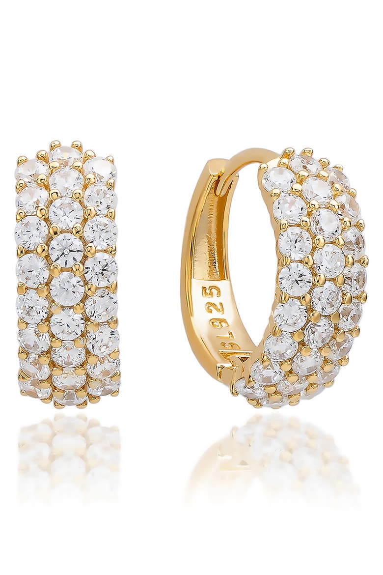 Three Row Pavé Huggie Hoop Earrings, Main, color, YELLOW GOLD