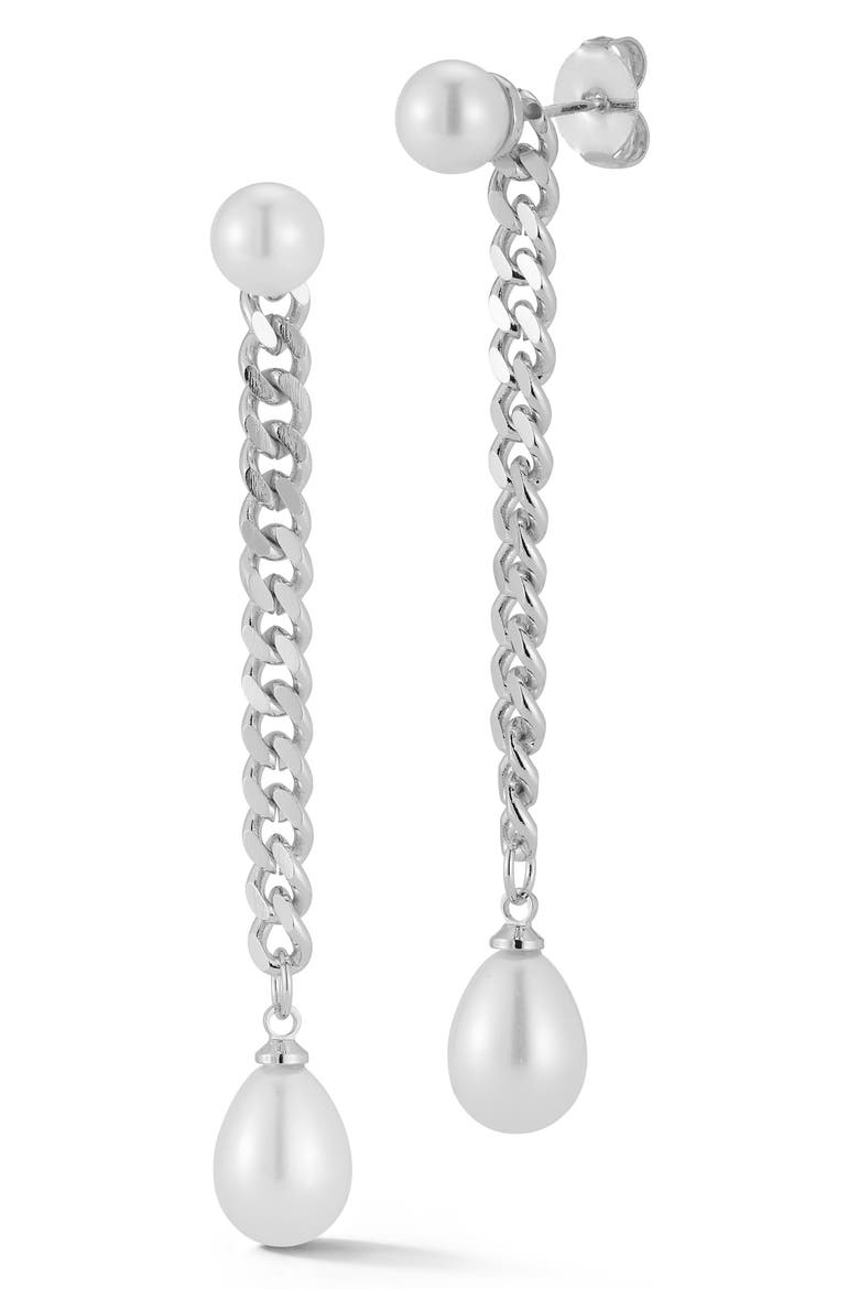 7.5mm and 9.5mm Cultured Pearl Chain Drop Earrings, Main, color, SILVER