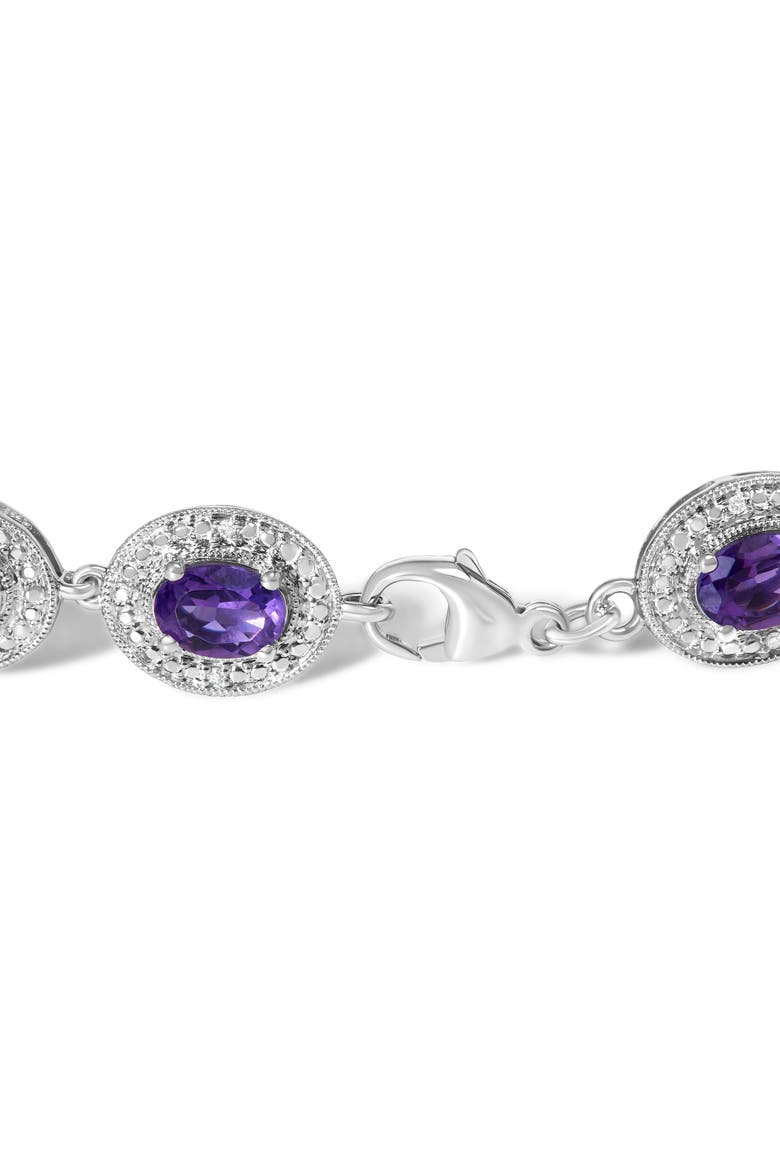 Sterling Silver 5x7 MM Oval Purple Amethyst & Diamond Halo Link Bracelet, Alternate, color, White