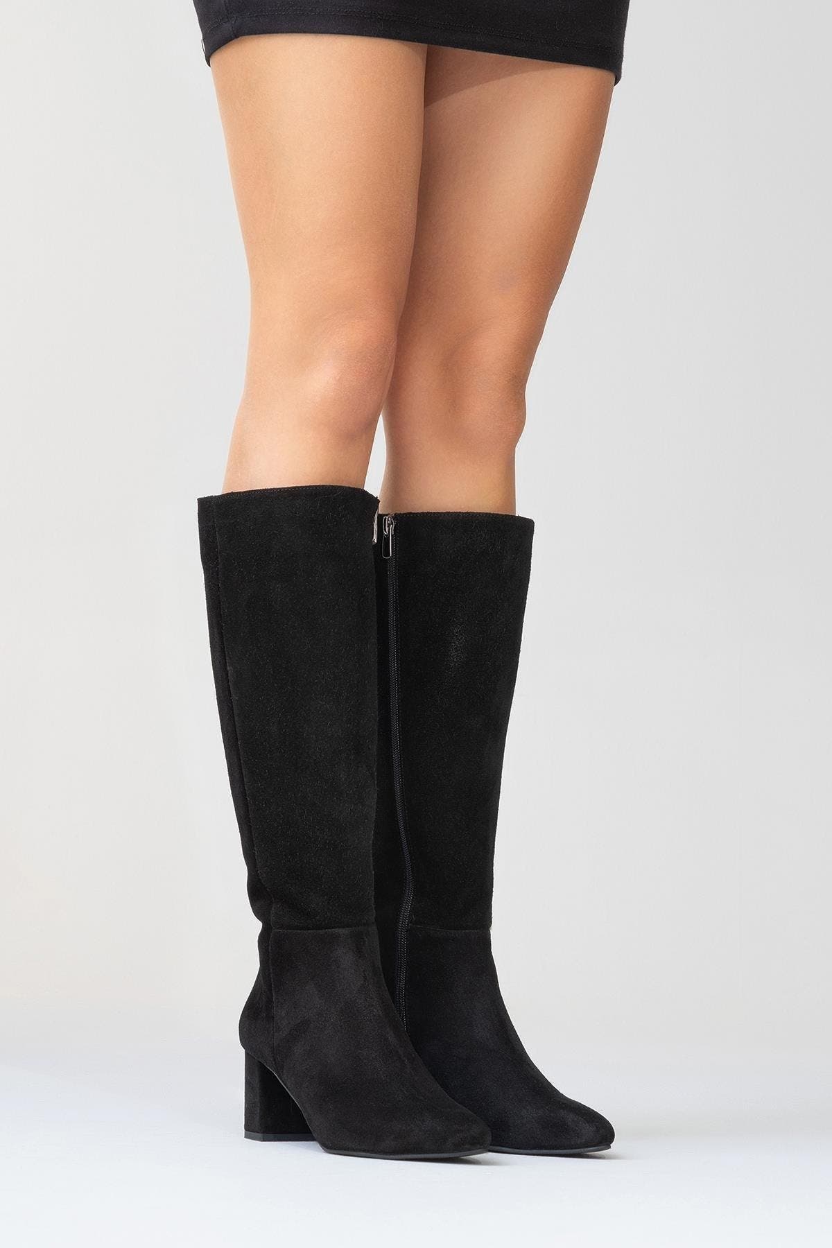 Forever & Always Shoes Sejas Leather Block Heel Knee-High Boot, Alternate, color, Black Suede Leather