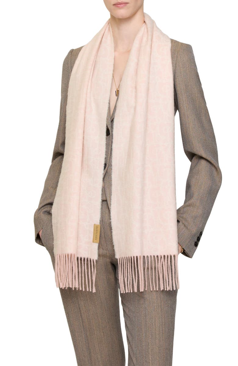 Burberry B Charm Anagram Double Face Cashmere Fringe Scarf, Main, color, Peony Pink