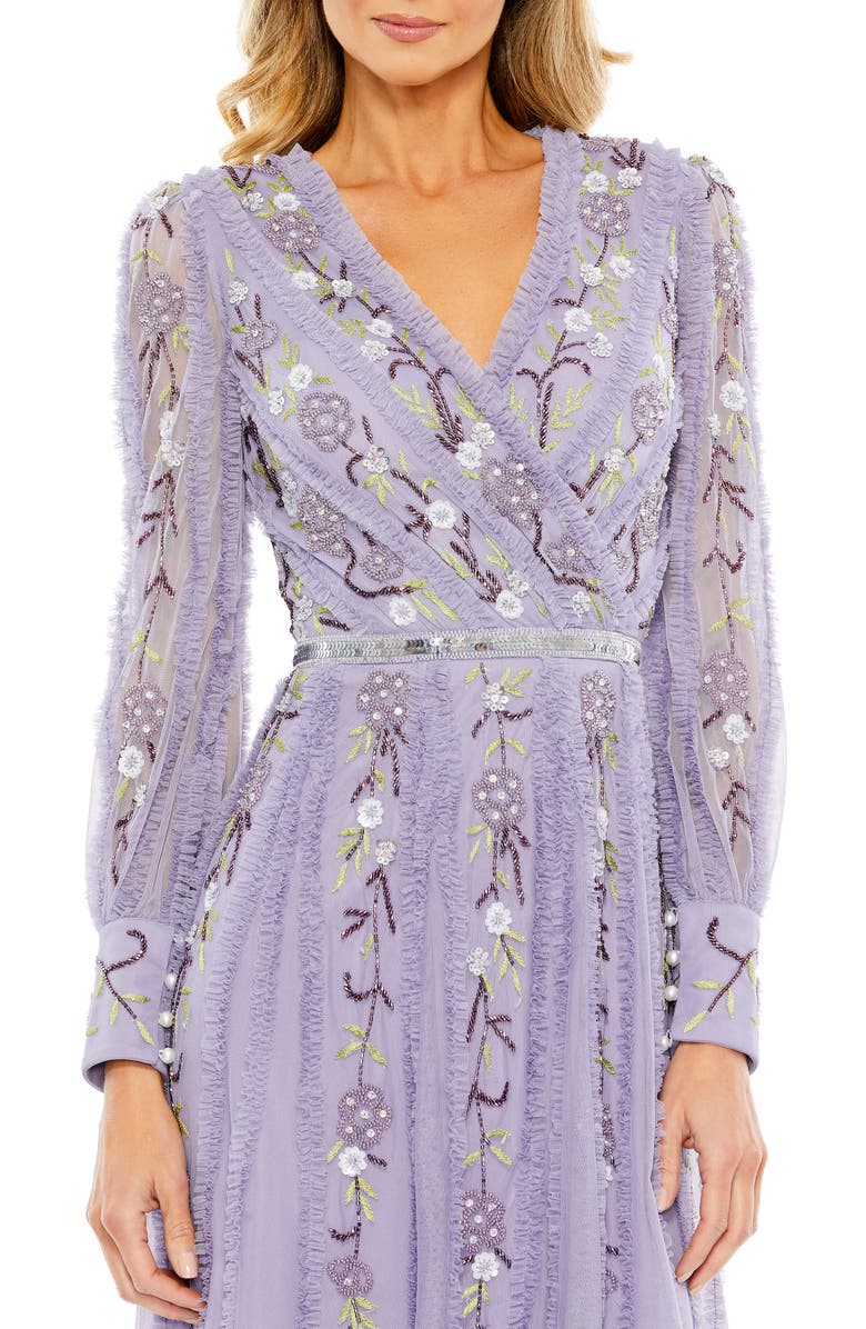 Mac Duggal Long Sleeve Embroidered Wrap Midi Dress, Alternate, color, 