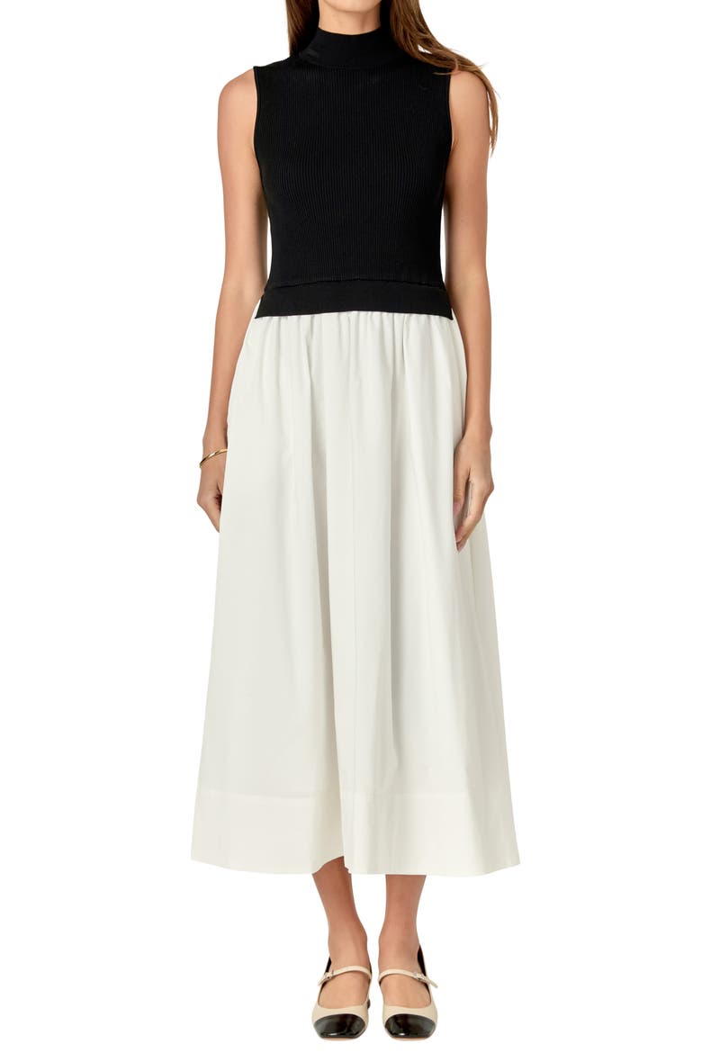 Mixed Media Colorblock Sleeveless Midi Dress, Main, color, BLACK/ WHITE