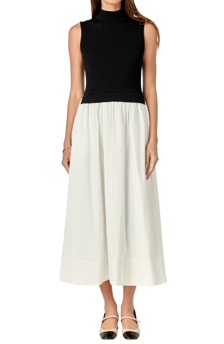 English Factory Mixed Media Colorblock Sleeveless Midi Dress, Main, color, Black/ White