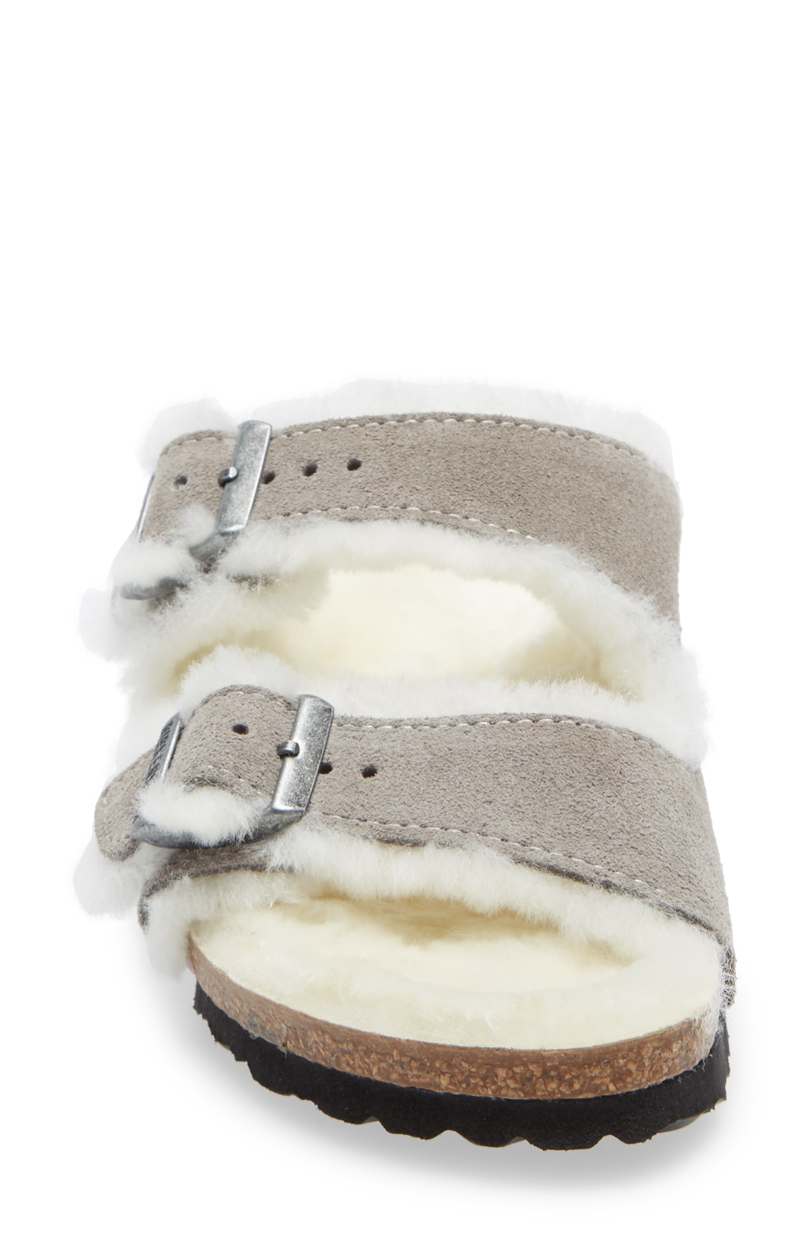 Birkenstock Arizona Genuine Shearling Slide Sandal, Alternate, color, Stone Coin Suede