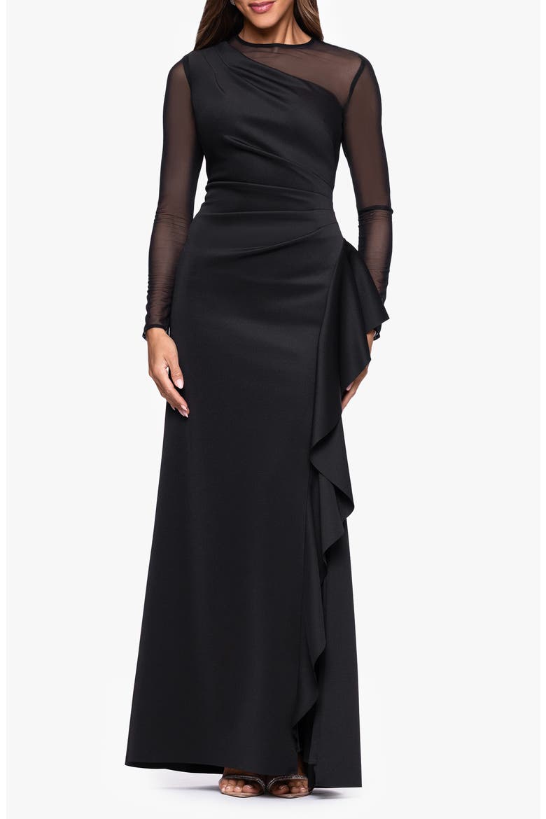 Mesh Long Sleeve Ruffled Scuba Gown, Main, color, BLACK