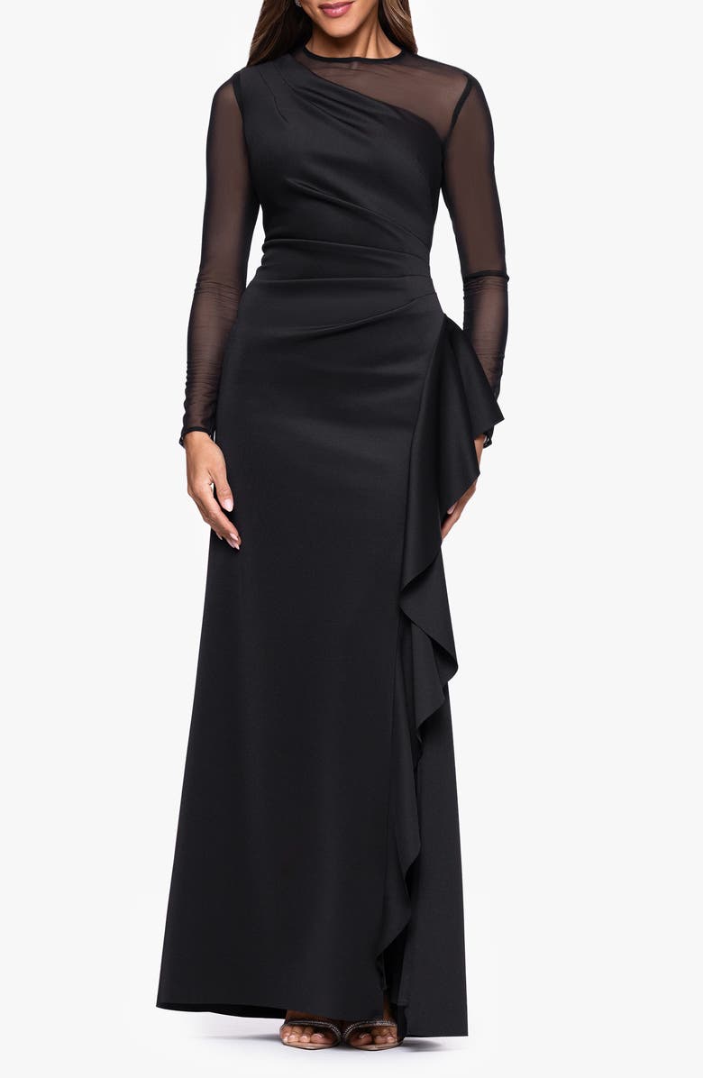 Xscape Evenings Mesh Long Sleeve Ruffled Scuba Gown, Main, color, Black