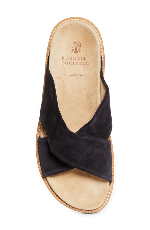 Brunello Cucinelli Cross Strap Suede Slide Sandal In Chh10 Dark Blue