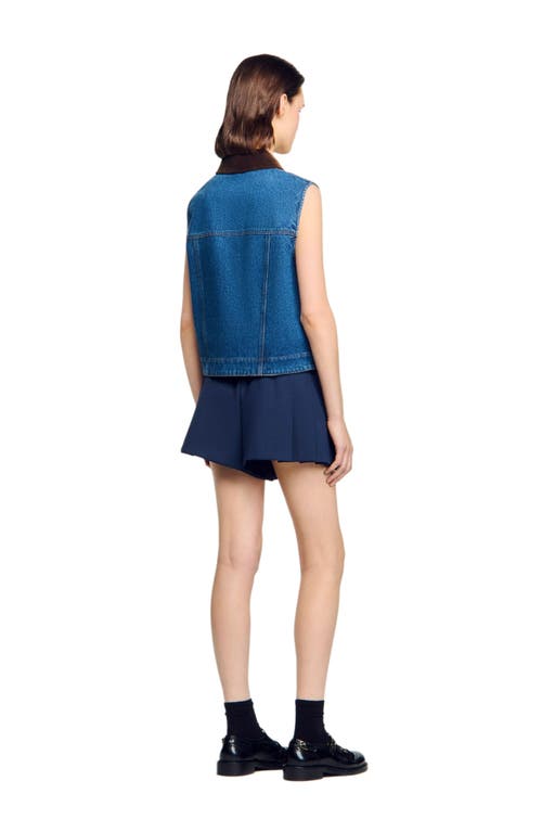 Sandro Womens Blue Jean Contrast-collar Button-down Sleeveless Denim Jacket In Blue