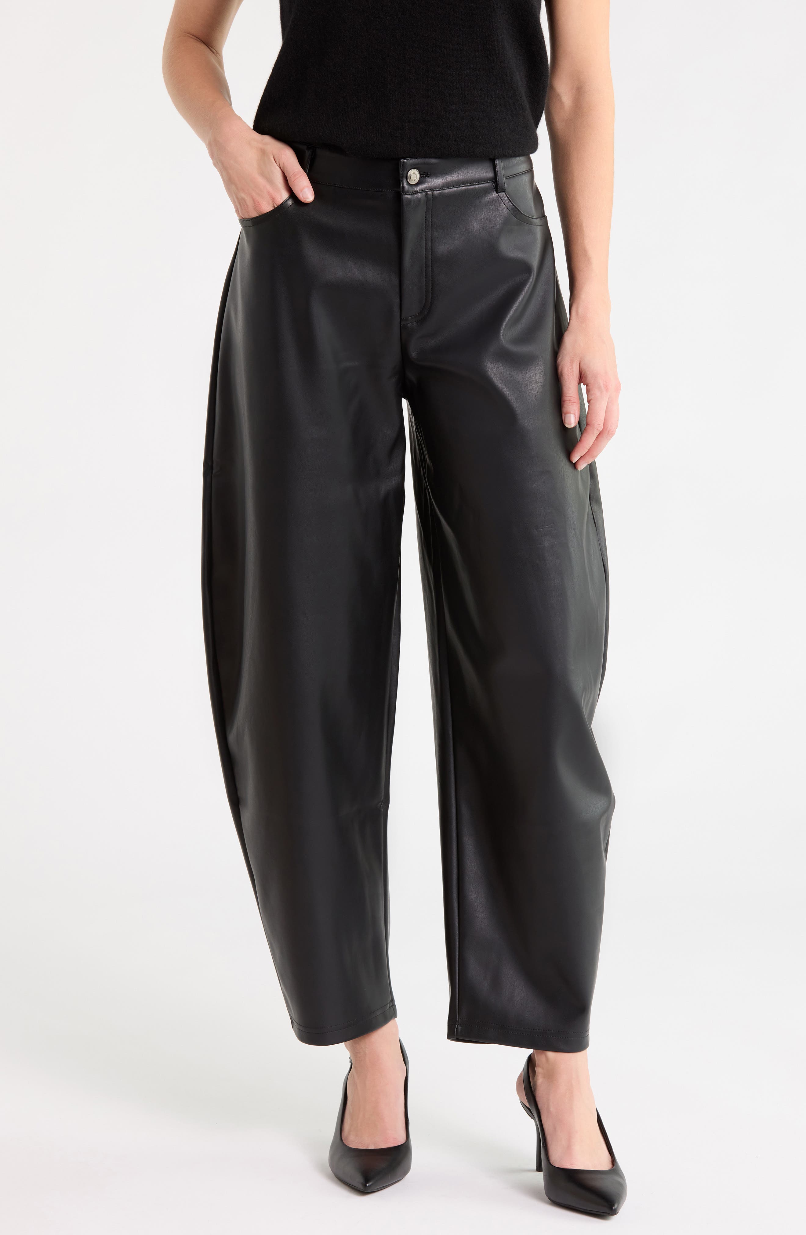 Faux Leather Ankle Barrel Leg Pants