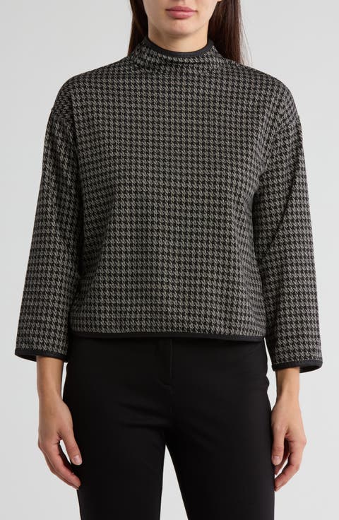 Houndstooth Funnel Neck Long Sleeve Top