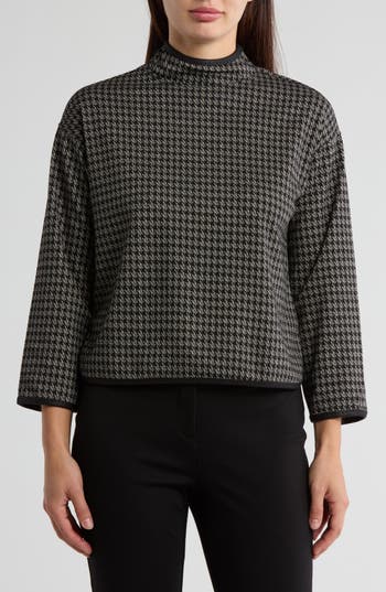Max Studio Houndstooth Funnel Neck Long Sleeve Top In Black/crm Hashtag Houndstooth