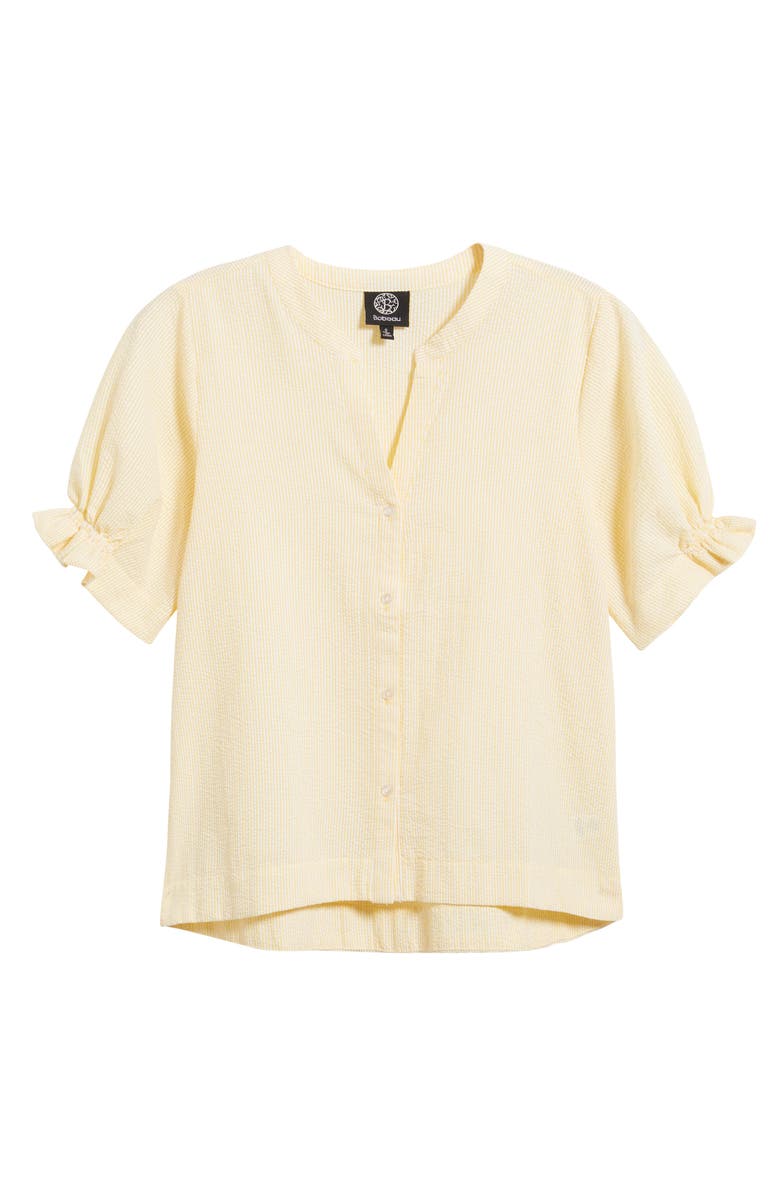 Bobeau Seersucker Gathered Short Sleeve Button-Up Shirt, Alternate, color, Yellow/ White