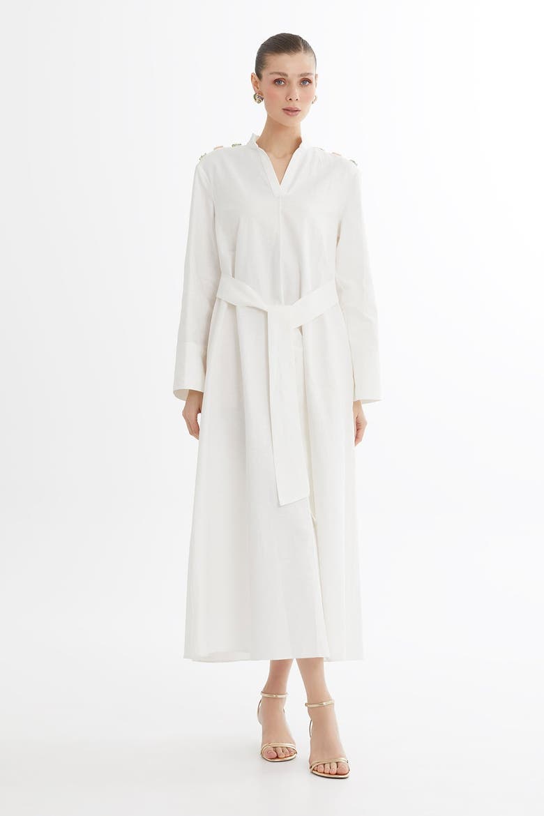 Ecru Bone Button Detail Midi Dress With Beaded Belt, Main, color, Beige
