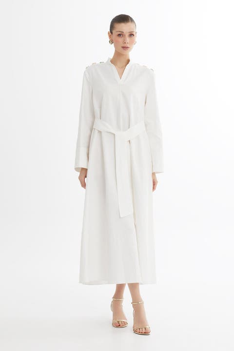 Ecru Bone Button Detail Midi Dress With Beaded Belt