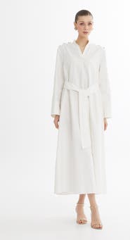 Gizia Ecru Bone Button Detail Midi Dress With Beaded Belt