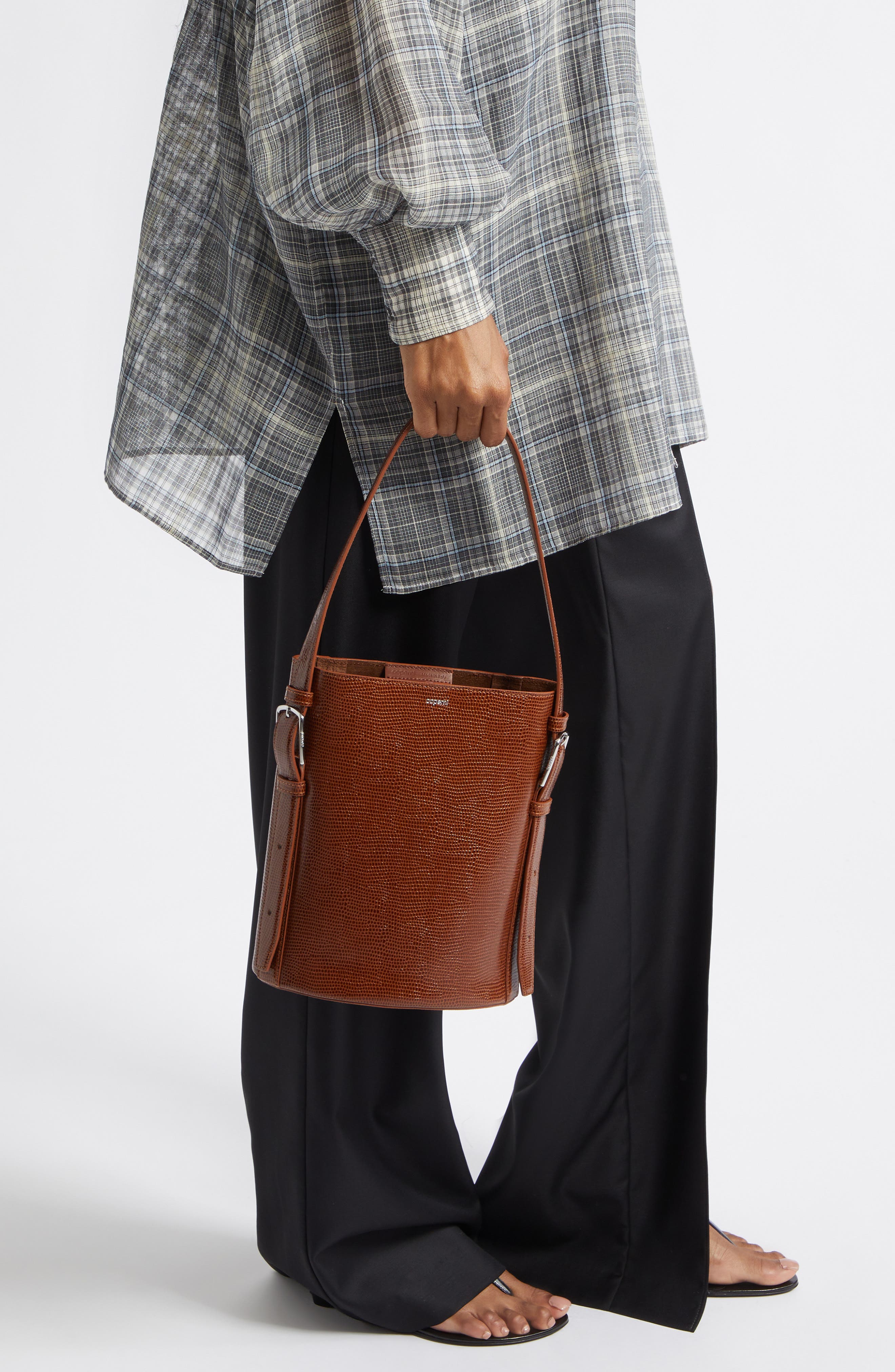 Coperni Ergonomic Lizard Print Leather Bucket Bag, Alternate, color, Brown Camel