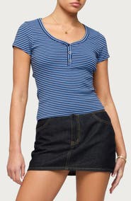 EDIKTED Kady Stripe Short Sleeve Henley Top