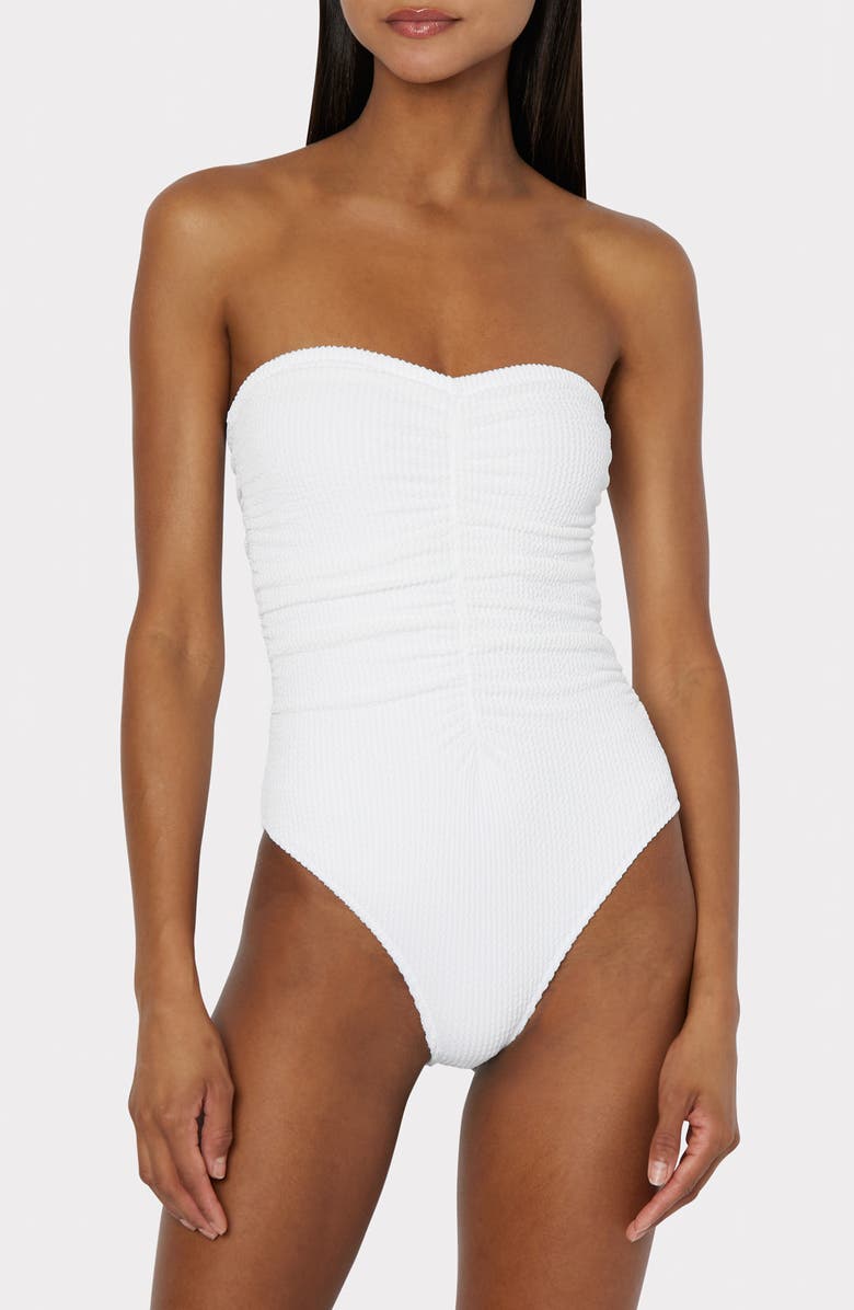 Milly Textured Ruched One-Piece Swimsuit, Main, color, White