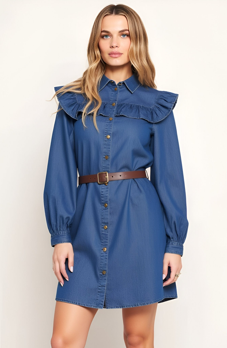 Modenaire Button-Front Denim Shirt Dress with Ruffle Yoke, Alternate, color, Blue