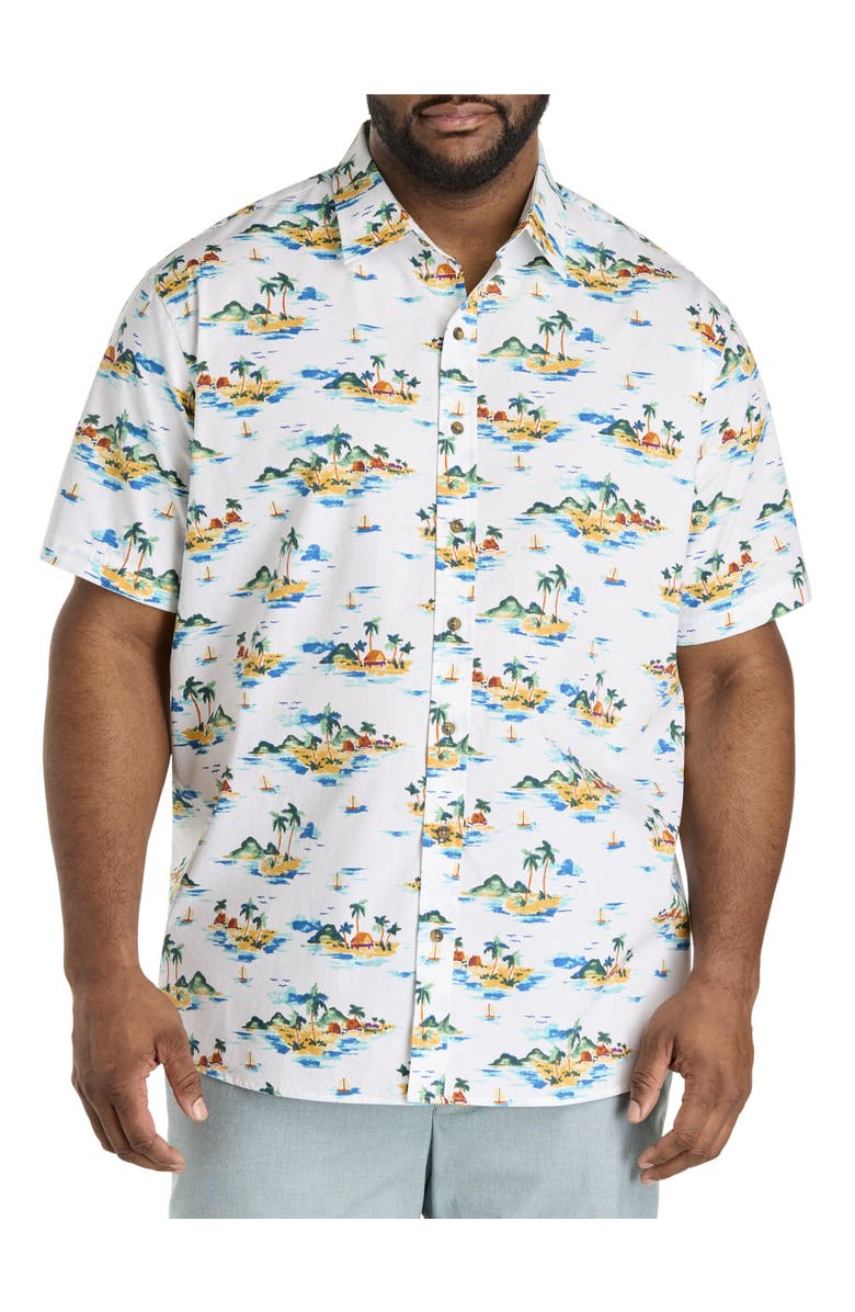 Oak Hill by DXL Big & Tall  Tropical Island Print Sport Shirt, Main, color, White