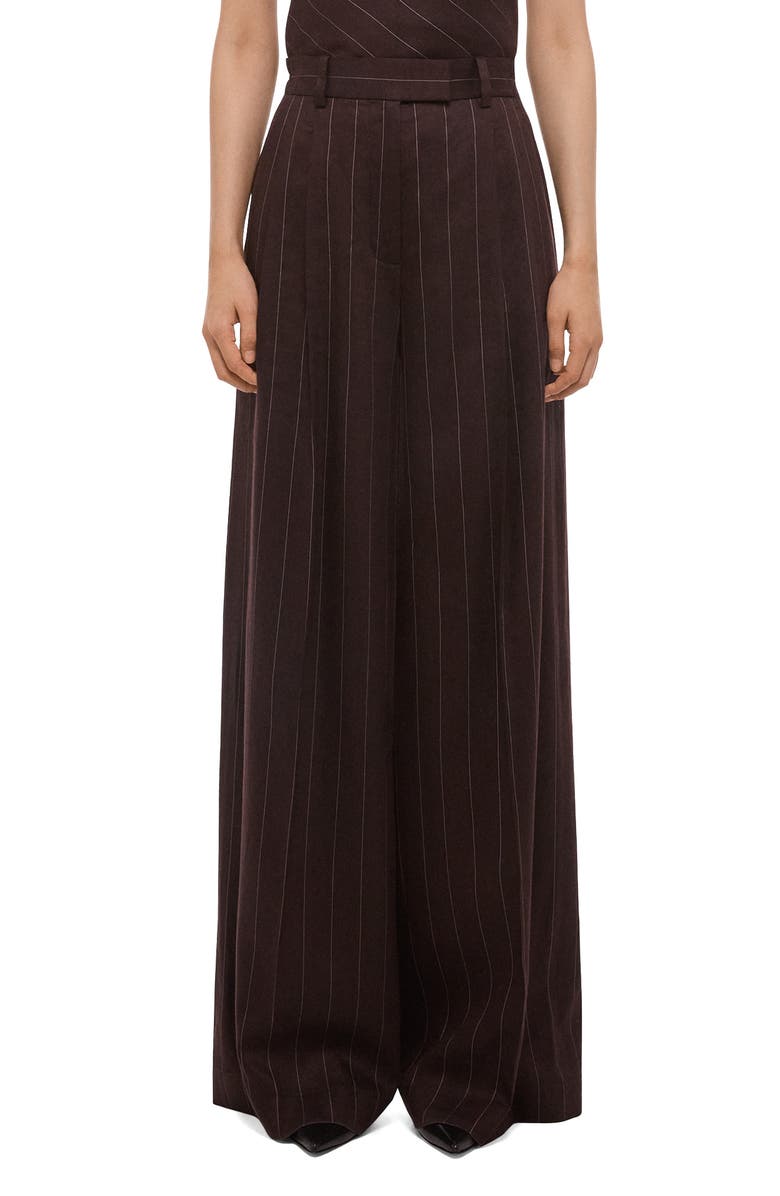 Helmut Lang Pinstripe Wide Leg Linen Blend Pants, Main, color, Brown Multi