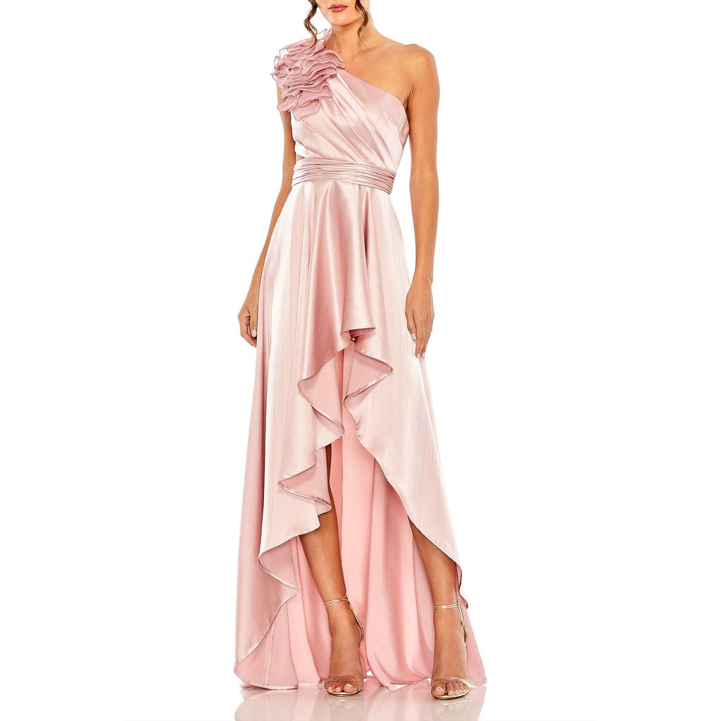 Mac Duggal Ruffled One Shoulder Cut Out Hi-low Gown In Rose